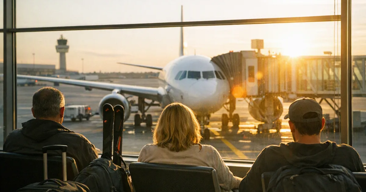 Resenärer i en avgångshall ser ut mot ett flygplan vid gaten i kvällssol
