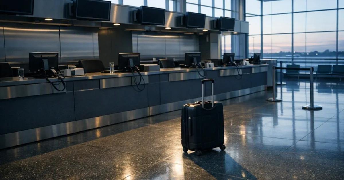 Tom incheckningsdisk på en flygplats med en ensam resväska framför